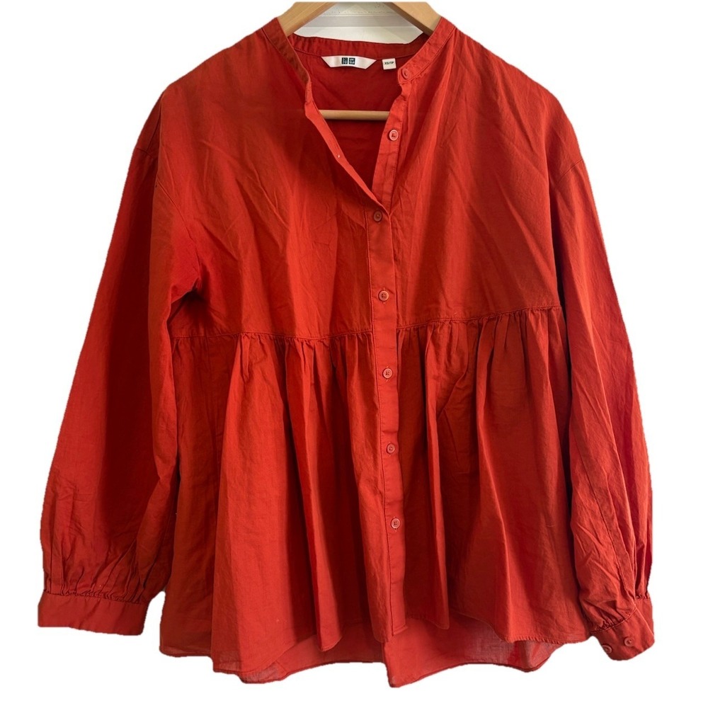 UNIQLO Women's Cotton Gathered Long-Sleeve Blouse Orange Red Size XS Babydoll